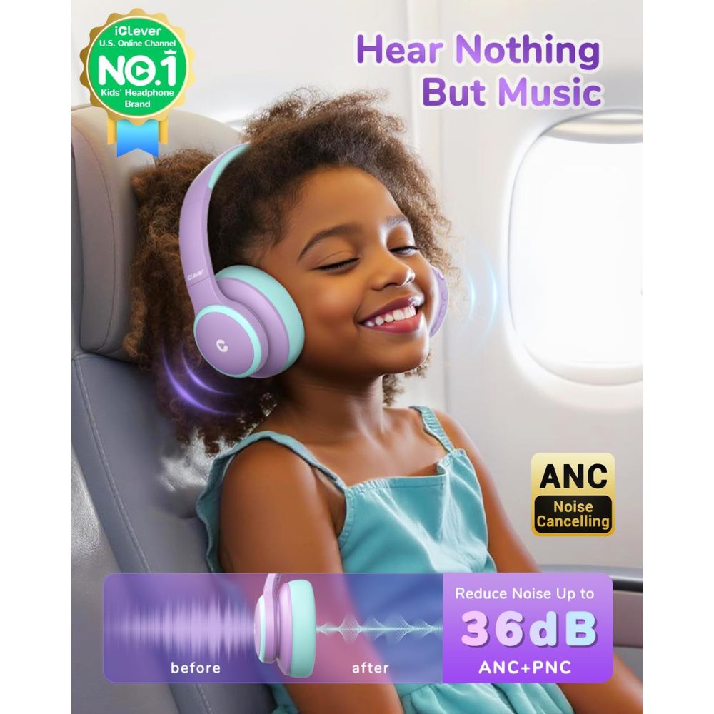iClever BTH26 – Auriculares con Cancelación Activa de Ruido (ANC) para Niños | Volumen Seguro 80dBA | 60h Batería 🧒🎧