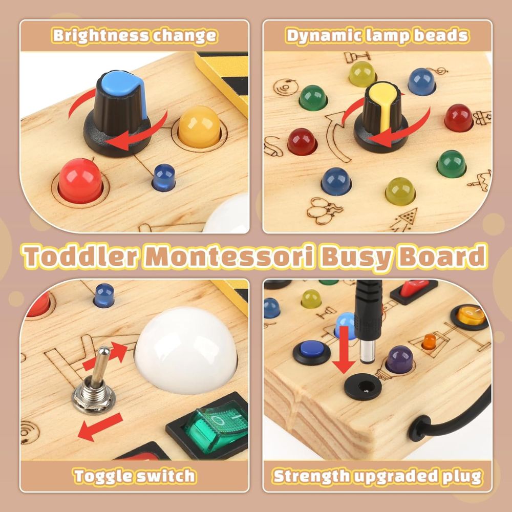 Joyreal Tablero Sensorial Montessori de Madera | 10 Interruptores + 19 Luces LED | Juguete Educativo para Niños 1-3 Años