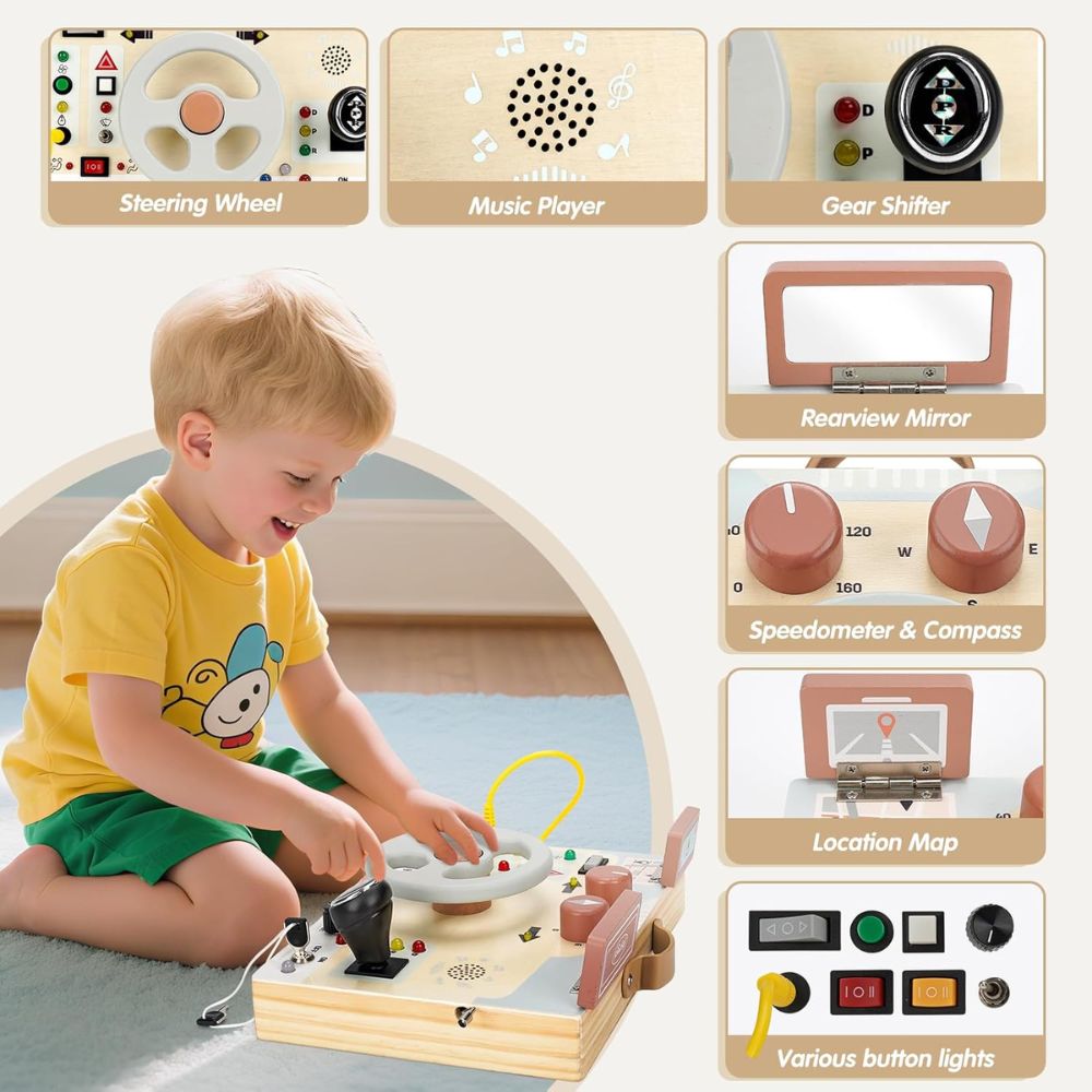 Joyreal Tablero de Actividades con Volante y Luces LED | Juguete Sensorial Montessori para Niños 1-3 Años |