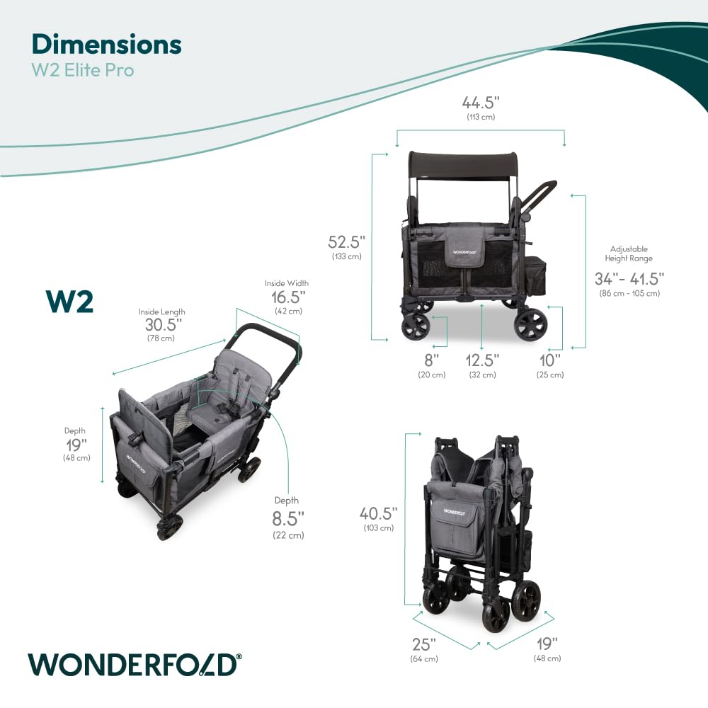WONDERFOLD W2 Elite Pro Cochecito (2 plazas) – Cochecito plegable con asientos con arneses de 5 puntos, mango de empuje ajustable y toldo ajustable para el sol