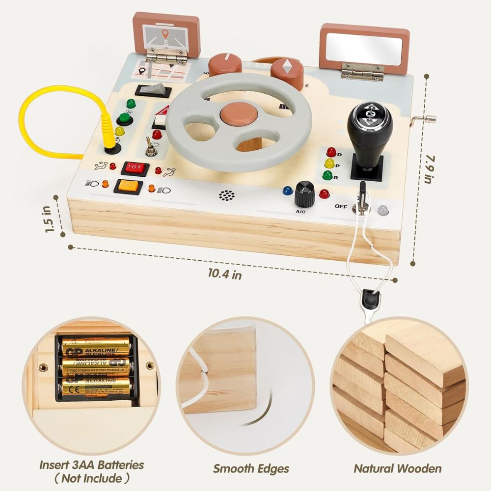 Joyreal Tablero de Actividades con Volante y Luces LED | Juguete Sensorial Montessori para Niños 1-3 Años |