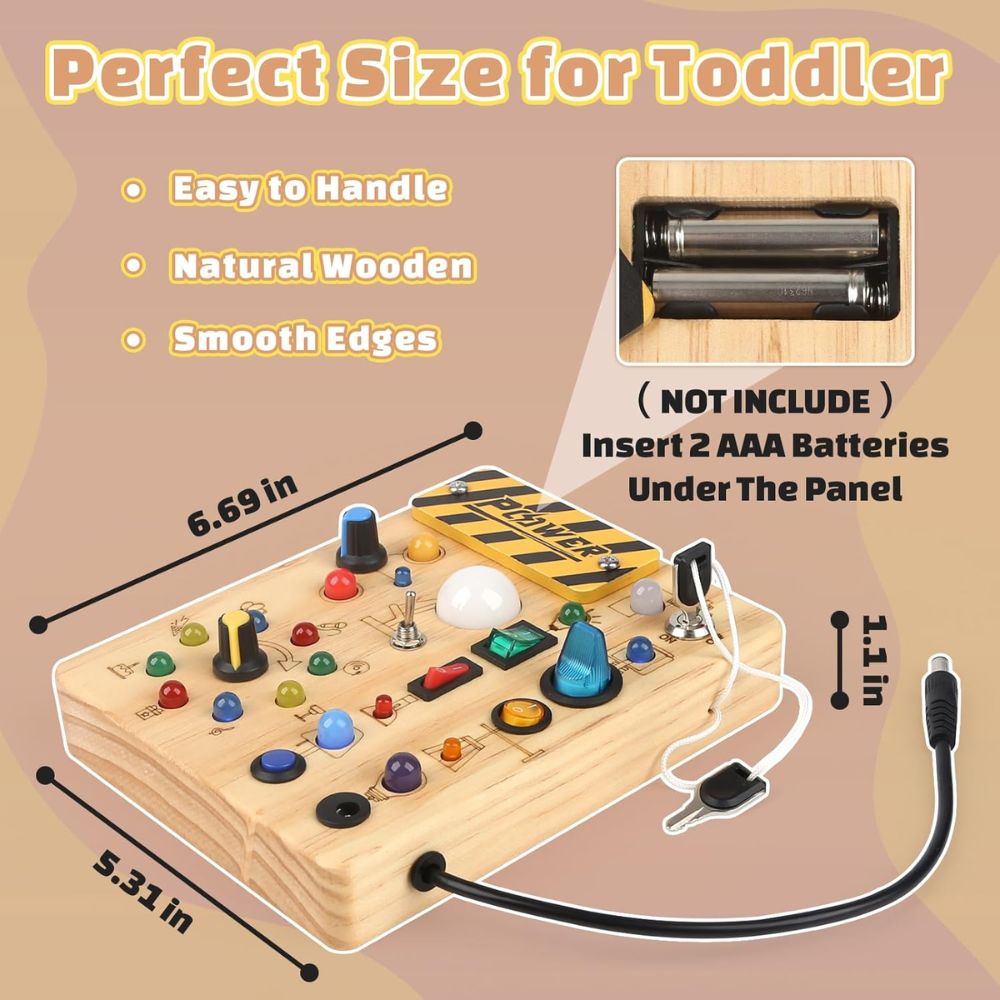 Joyreal Tablero Sensorial Montessori de Madera | 10 Interruptores + 19 Luces LED | Juguete Educativo para Niños 1-3 Años