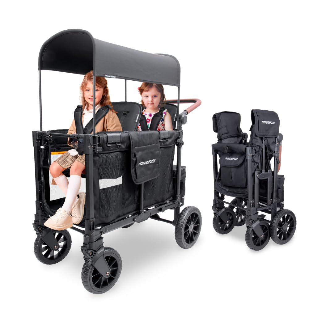 WONDERFOLD W2 Luxe Pro – Cochecito Vagón para 2 Asientos, Plegable, Toldo UV y Arnés de 5 Puntos