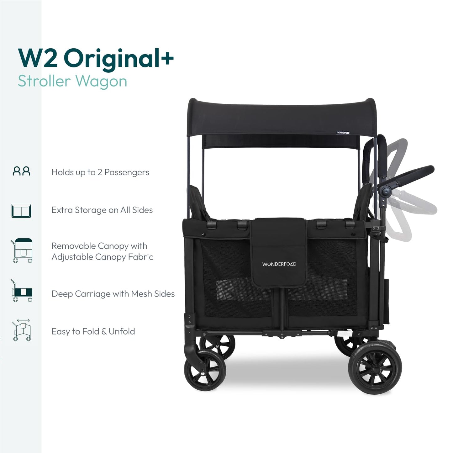 WONDERFOLD W2 Original - Coche multifuncional para 2 pasajeros, plegable, con toldo deslizante y asientos elevados desmontables con reposapiés