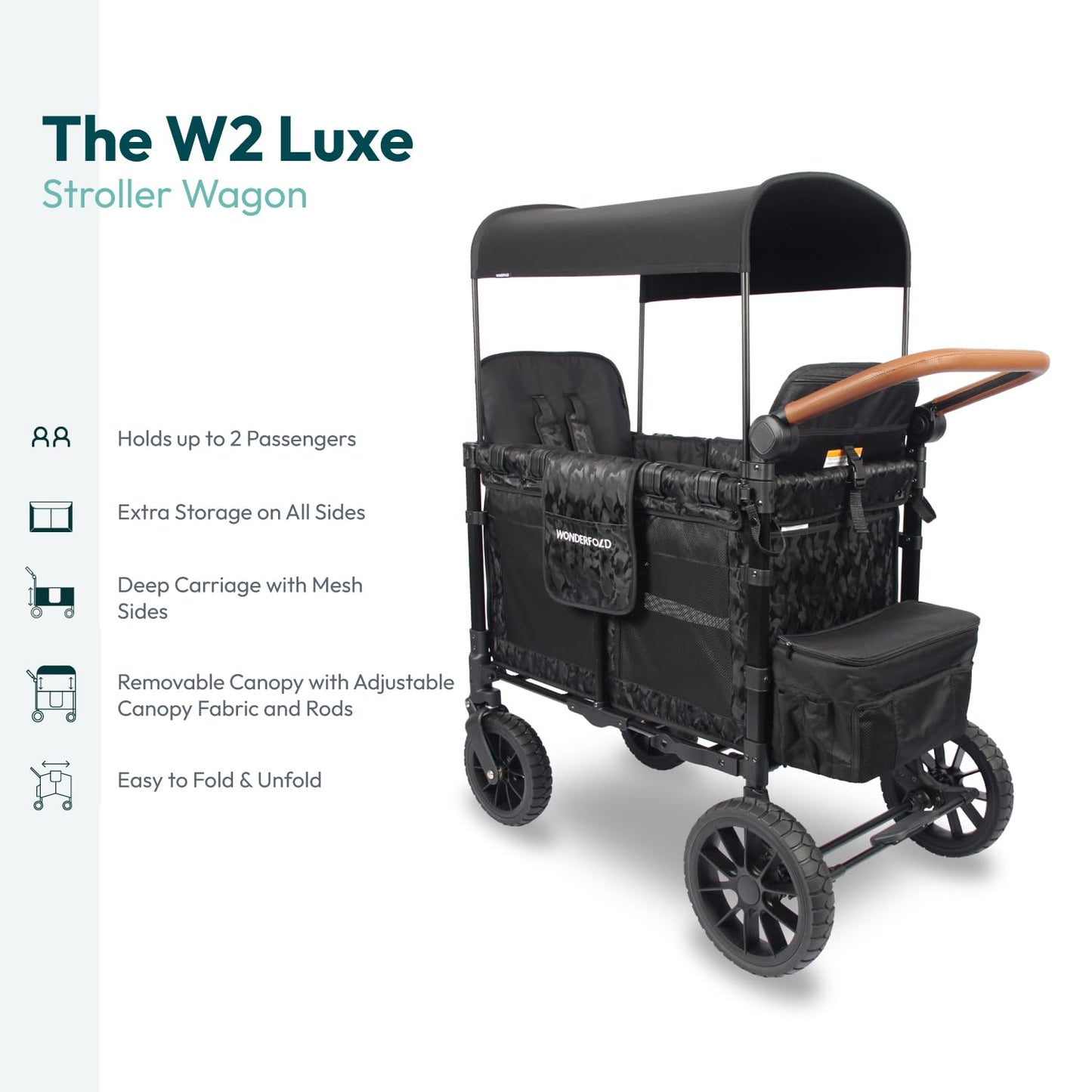 WONDERFOLD W2 Luxe - Cochecito doble con 2 asientos altos cara a cara con hebilla magnética arneses de 5 puntos y toldo de protección UV ajustable/extraíble