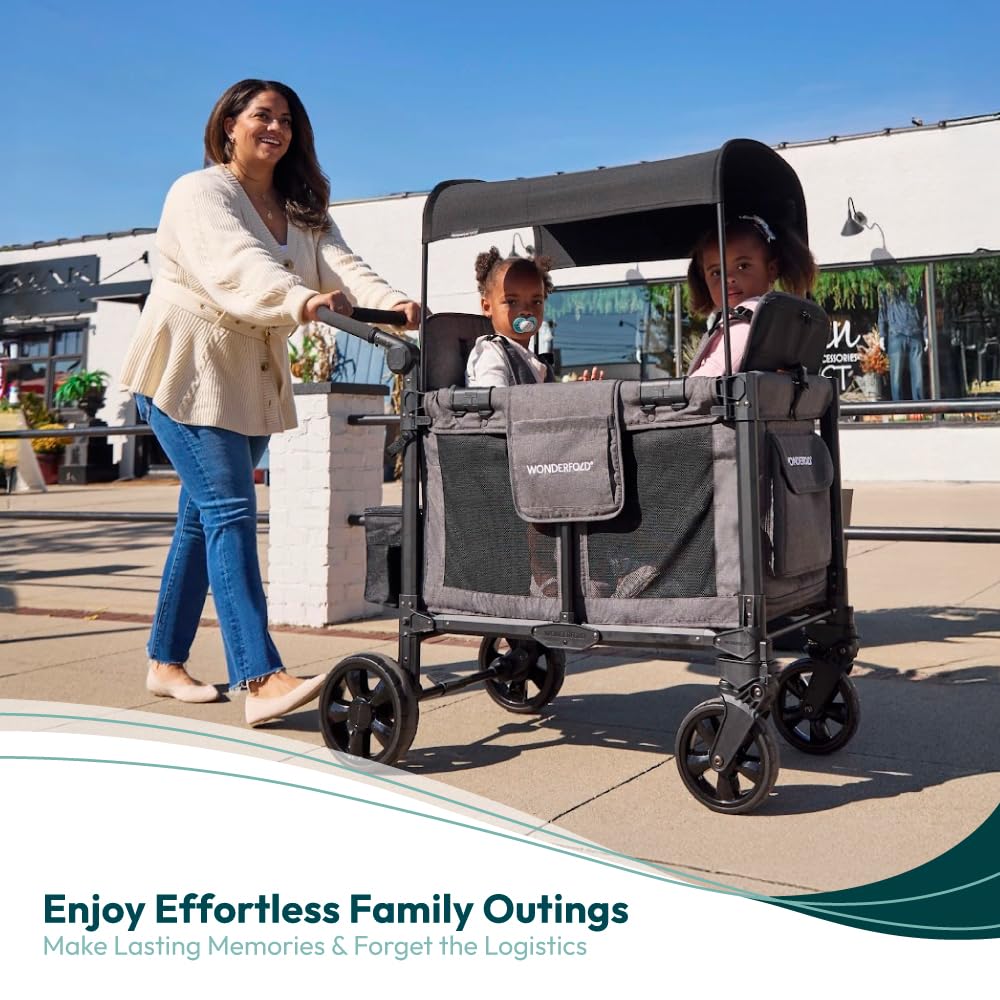 WONDERFOLD W2 Elite Pro Cochecito (2 plazas) – Cochecito plegable con asientos con arneses de 5 puntos, mango de empuje ajustable y toldo ajustable para el sol