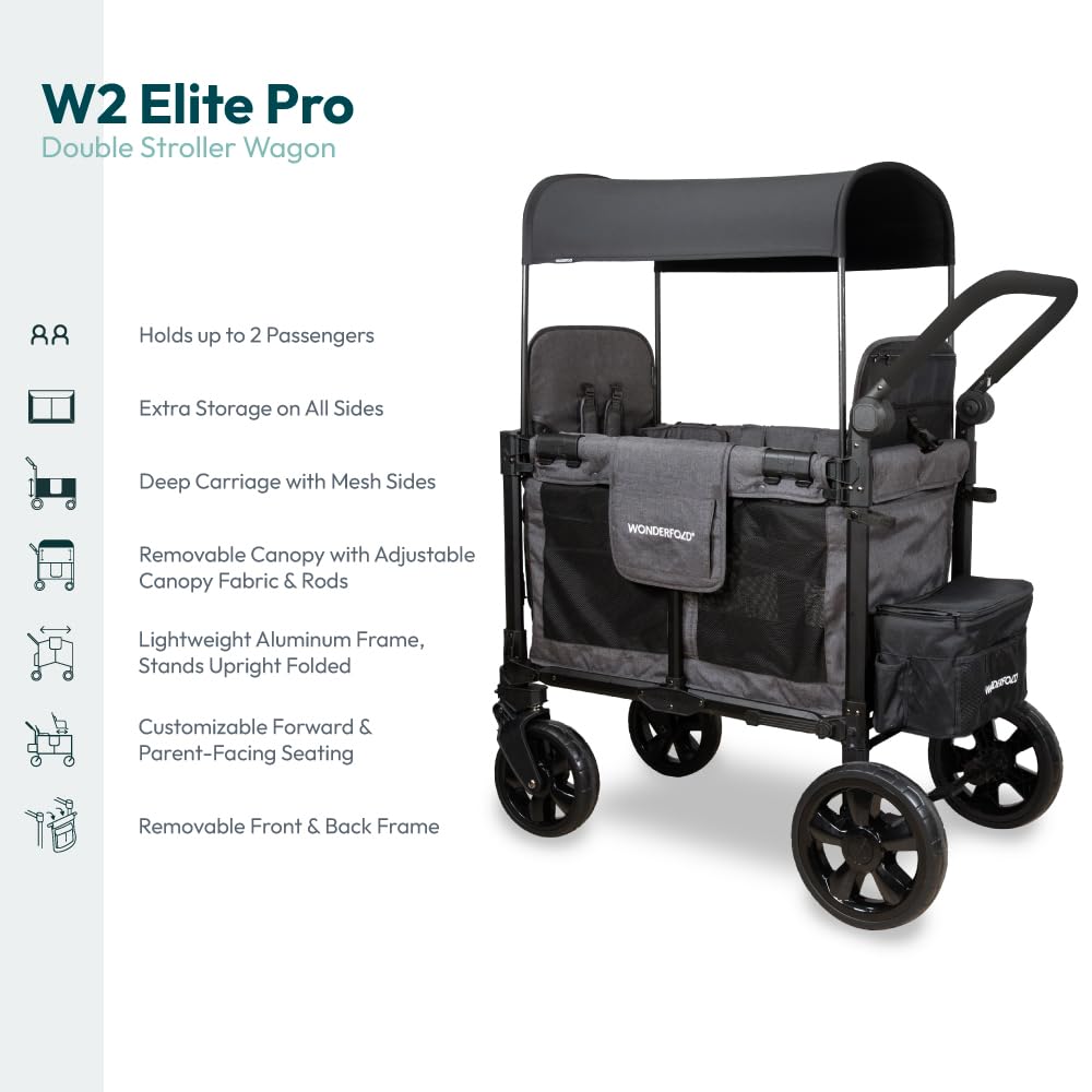 WONDERFOLD W2 Elite Pro Cochecito (2 plazas) – Cochecito plegable con asientos con arneses de 5 puntos, mango de empuje ajustable y toldo ajustable para el sol