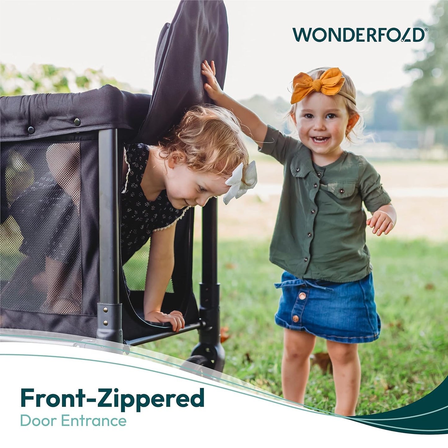 WONDERFOLD W2 Original - Coche multifuncional para 2 pasajeros, plegable, con toldo deslizante y asientos elevados desmontables con reposapiés