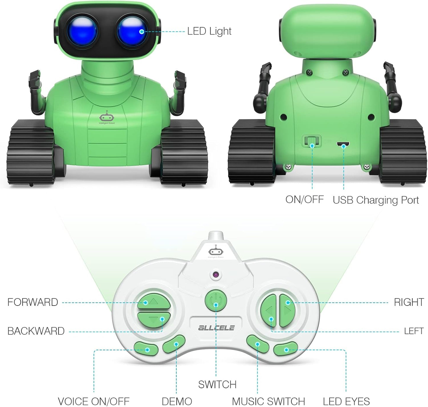 Juguete robot, robot RC recargable para niños y niñas, juguete de control remoto con música y ojos LED - ALLCELE