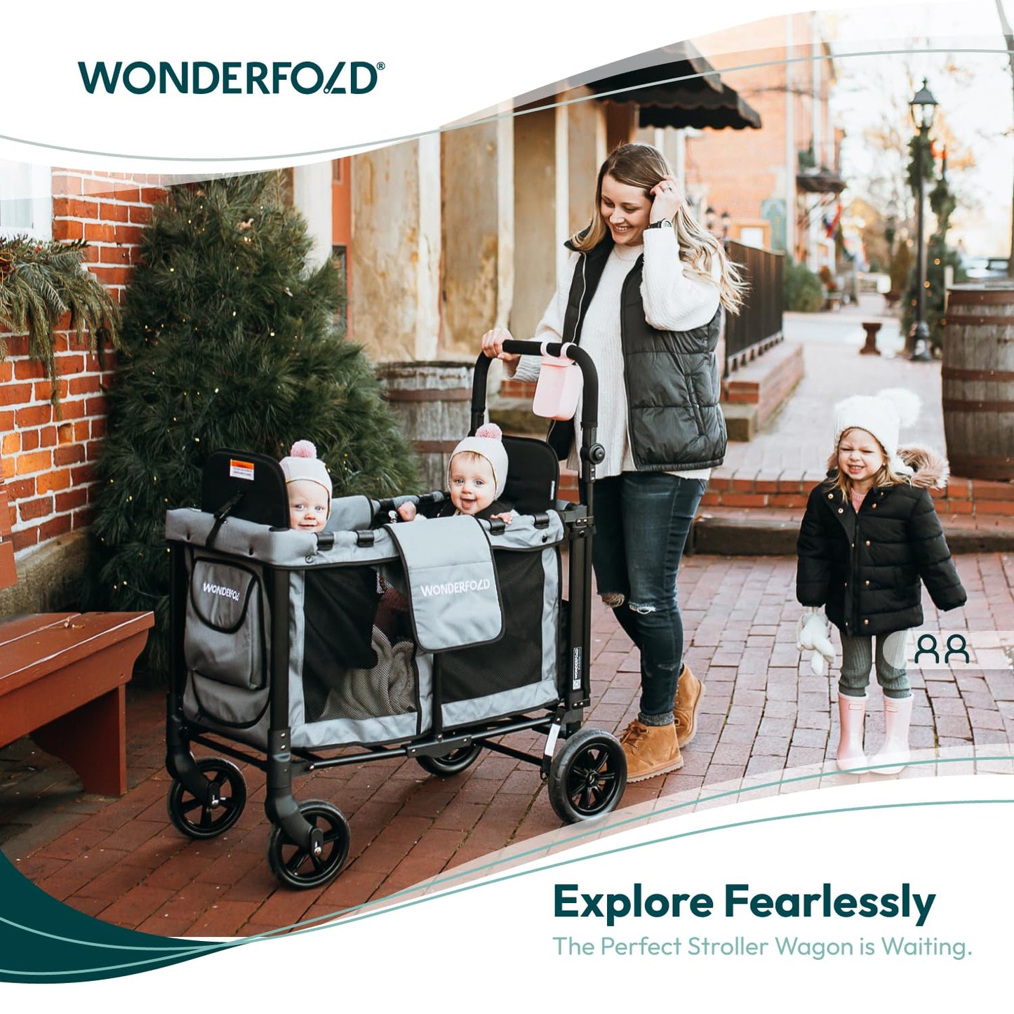 WONDERFOLD W2 Original - Coche multifuncional para 2 pasajeros, plegable, con toldo deslizante y asientos elevados desmontables con reposapiés