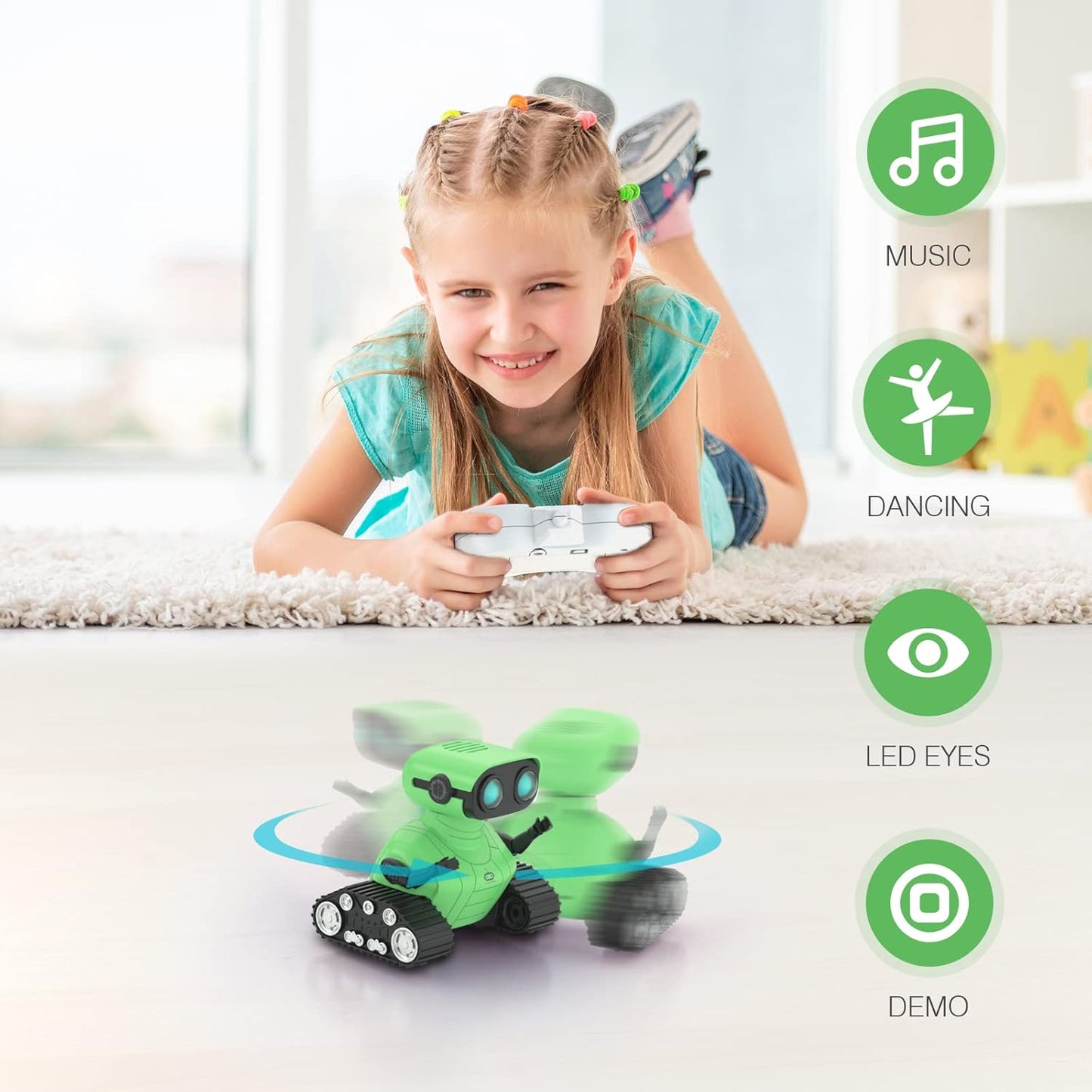 Juguete robot, robot RC recargable para niños y niñas, juguete de control remoto con música y ojos LED - ALLCELE