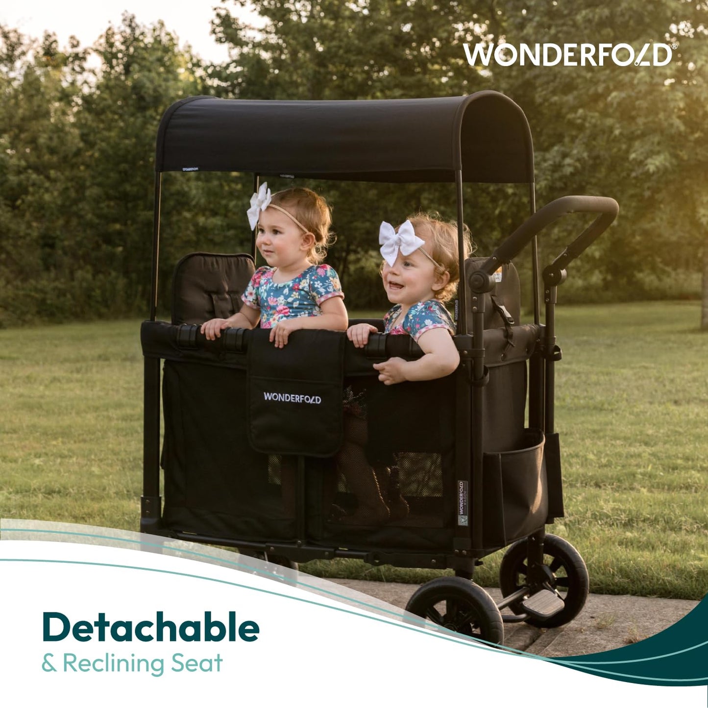 WONDERFOLD W2 Luxe - Cochecito doble con 2 asientos altos cara a cara con hebilla magnética arneses de 5 puntos y toldo de protección UV ajustable/extraíble