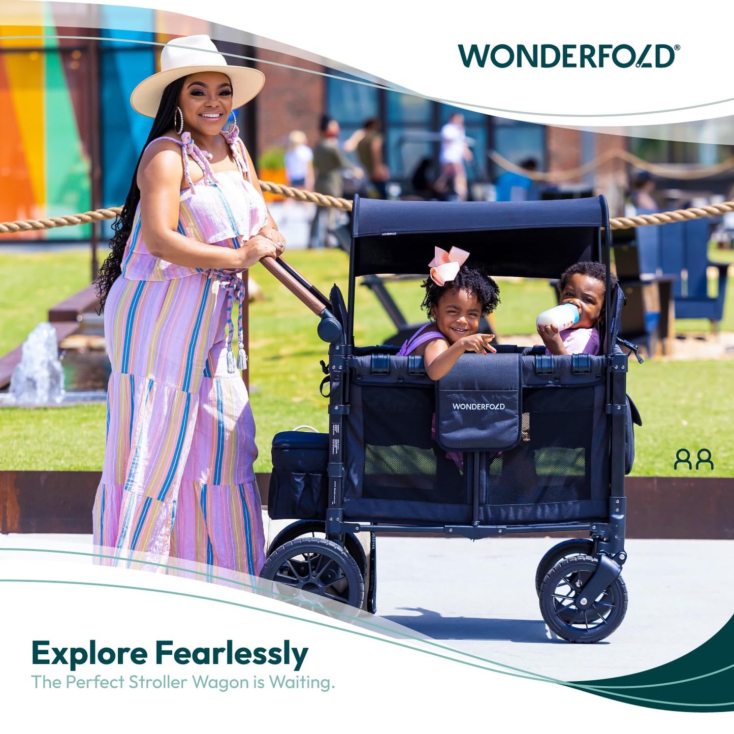 WONDERFOLD W2 Luxe - Cochecito doble con 2 asientos altos cara a cara con hebilla magnética arneses de 5 puntos y toldo de protección UV ajustable/extraíble