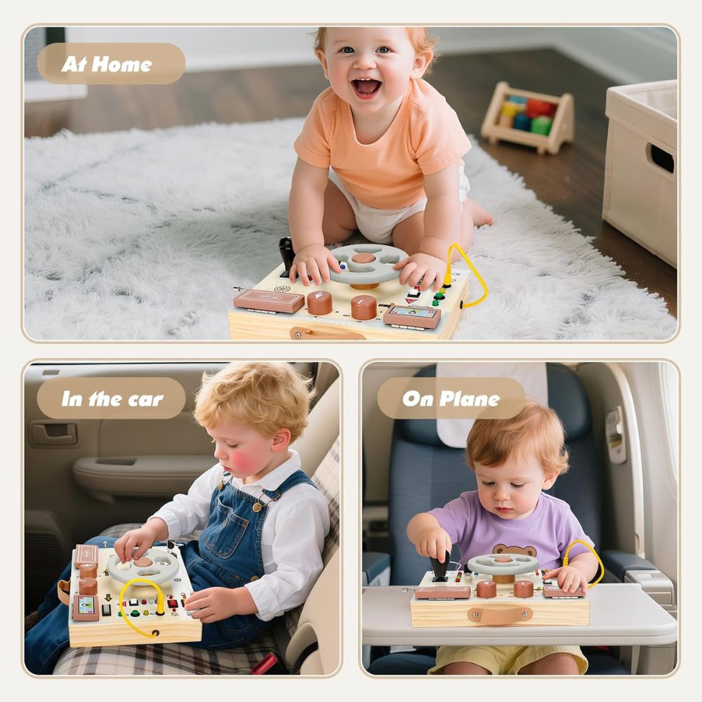 Joyreal Tablero de Actividades con Volante y Luces LED | Juguete Sensorial Montessori para Niños 1-3 Años |