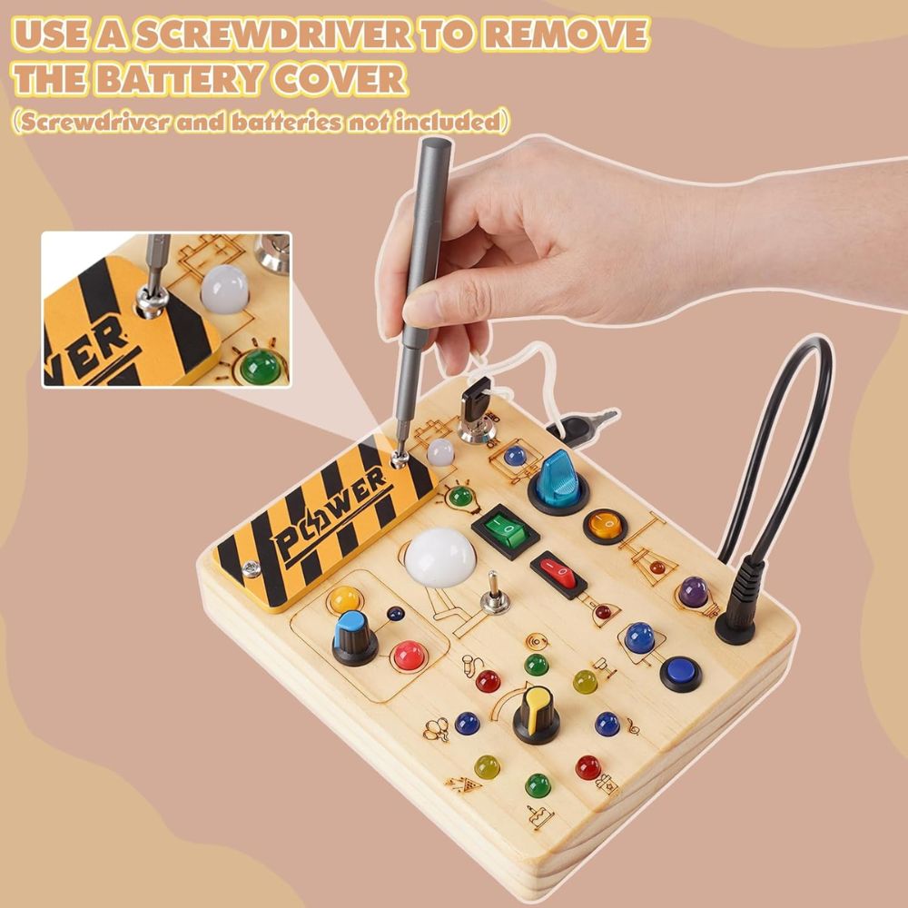 Joyreal Tablero Sensorial Montessori de Madera | 10 Interruptores + 19 Luces LED | Juguete Educativo para Niños 1-3 Años