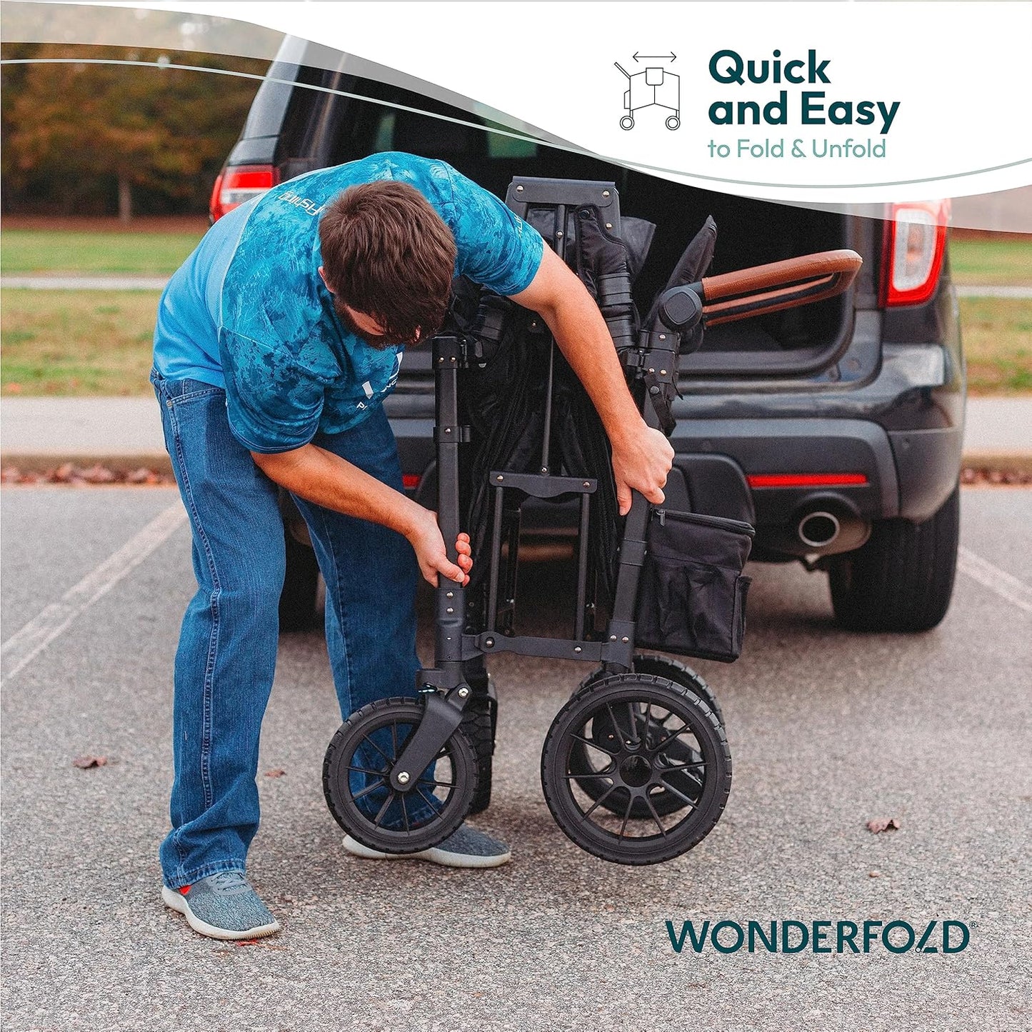 WONDERFOLD W2 Luxe - Cochecito doble con 2 asientos altos cara a cara con hebilla magnética arneses de 5 puntos y toldo de protección UV ajustable/extraíble