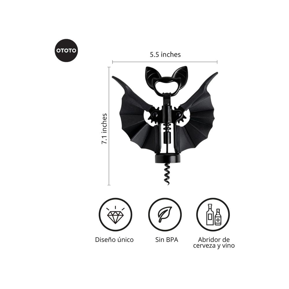 Abridor de Vino y Cerveza 2 en 1 | Diseño de Murciélago Gótico | OTOTO Vino Spooky Bat