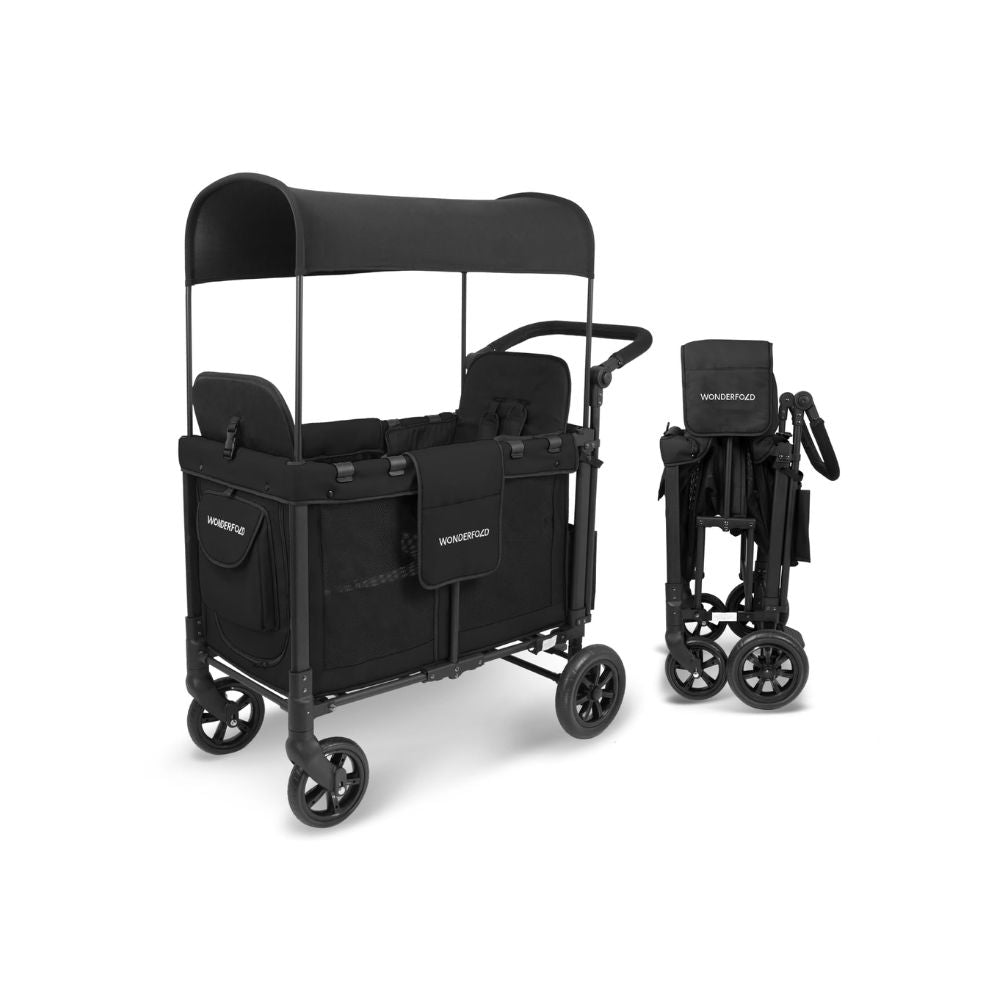 WONDERFOLD W2 Original - Coche multifuncional para 2 pasajeros, plegable, con toldo deslizante y asientos elevados desmontables con reposapiés
