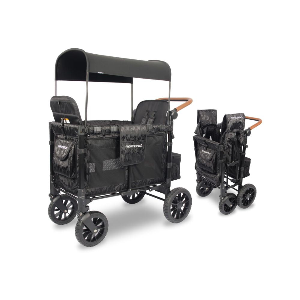 WONDERFOLD W2 Luxe - Cochecito doble con 2 asientos altos cara a cara con hebilla magnética arneses de 5 puntos y toldo de protección UV ajustable/extraíble
