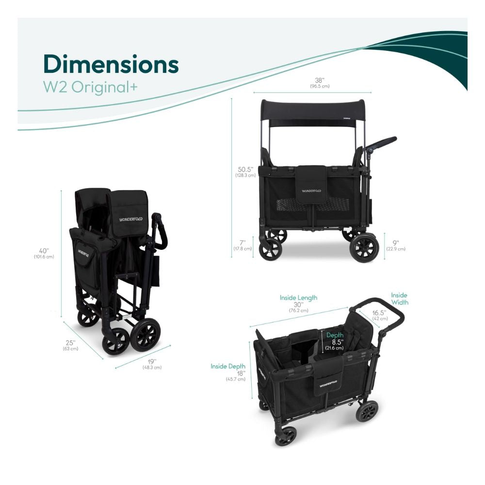 WONDERFOLD W2 Original - Coche multifuncional para 2 pasajeros, plegable, con toldo deslizante y asientos elevados desmontables con reposapiés