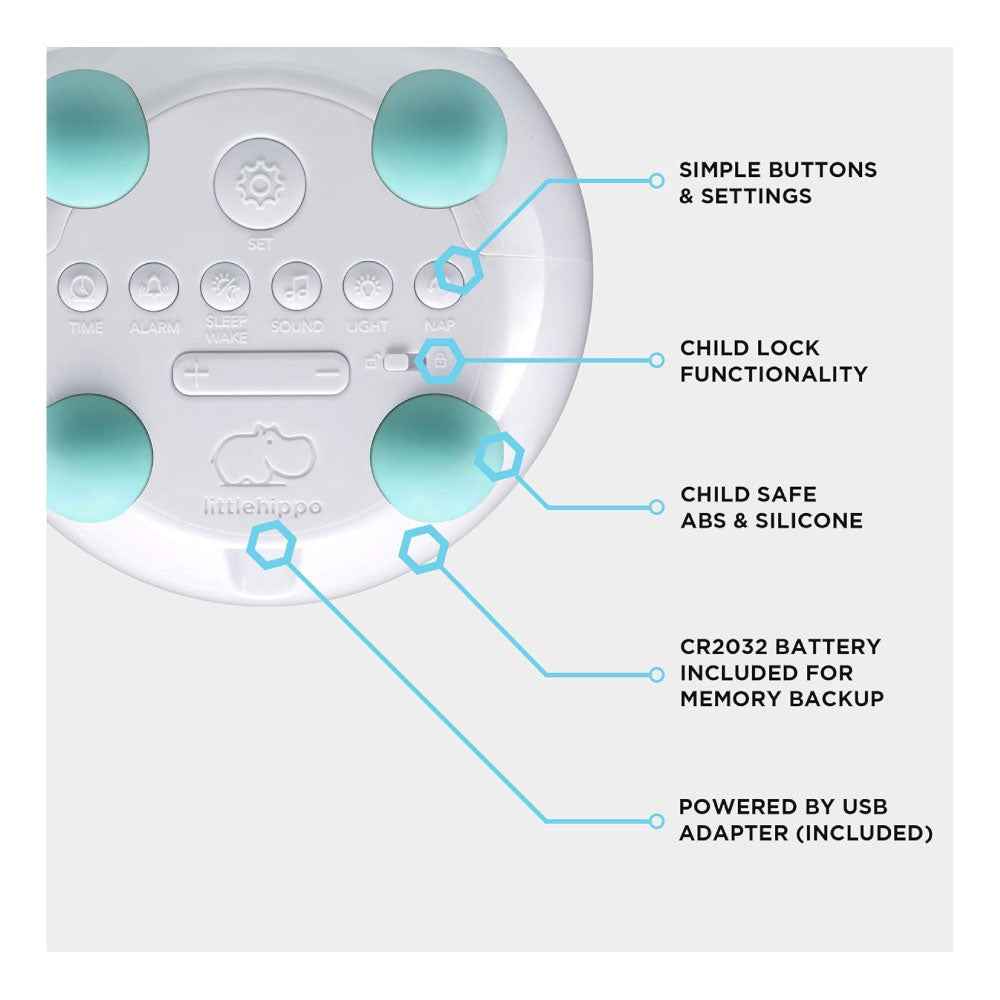 Entrenador de sueño para niños, luz nocturna, máquina de sonido y reloj despertador - LittleHippo Mella