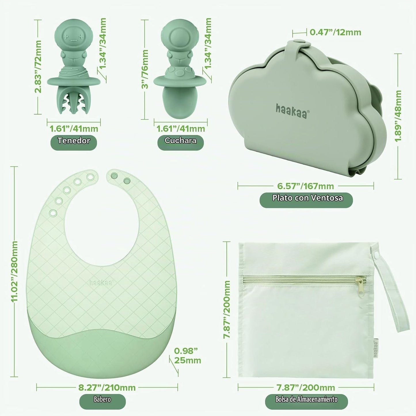 Haakaa - Juego de Alimentación de Viaje de Silicona para Bebés (Babero, Cuchara, Tenedor y Bolsa Impermeable)
