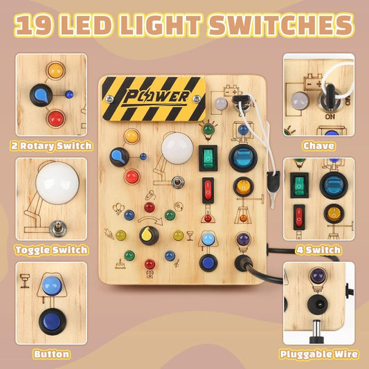 Joyreal Tablero Sensorial Montessori de Madera | 10 Interruptores + 19 Luces LED | Juguete Educativo para Niños 1-3 Años