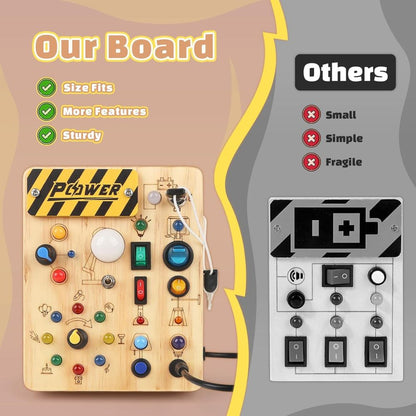 Joyreal Tablero Sensorial Montessori de Madera | 10 Interruptores + 19 Luces LED | Juguete Educativo para Niños 1-3 Años
