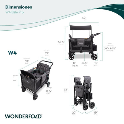 WonderFold W4 Elite Pro – Cochecito Wagon para 4 Plazas, Marco de Aluminio, Toldo UV y Arnés de 5 Puntos