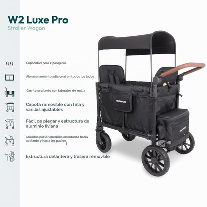 WONDERFOLD W2 Luxe Pro – Cochecito Vagón para 2 Asientos, Plegable, Toldo UV y Arnés de 5 Puntos