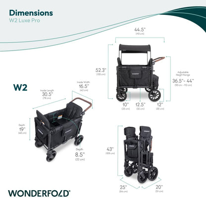 WONDERFOLD W2 Luxe Pro – Cochecito Vagón para 2 Asientos, Plegable, Toldo UV y Arnés de 5 Puntos