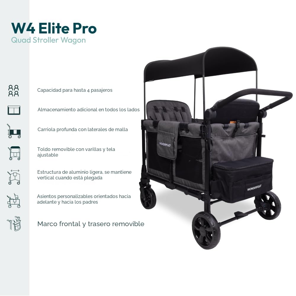 WonderFold W4 Elite Pro – Cochecito Wagon para 4 Plazas, Marco de Aluminio, Toldo UV y Arnés de 5 Puntos