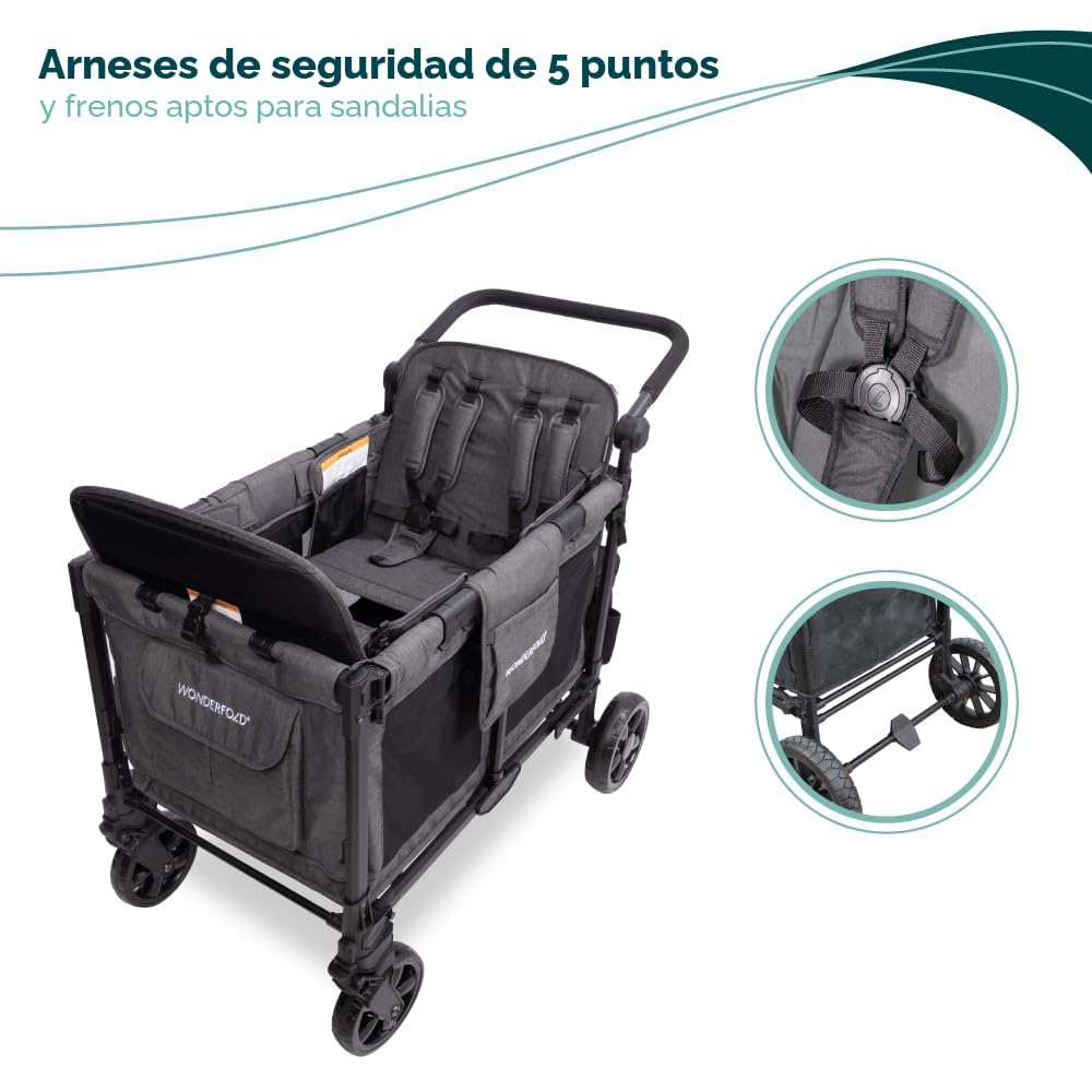 WonderFold W4 Elite Pro – Cochecito Wagon para 4 Plazas, Marco de Aluminio, Toldo UV y Arnés de 5 Puntos