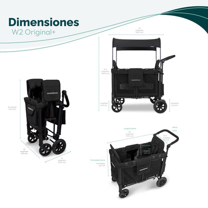 WONDERFOLD W2 – Coche Vagón Multifuncional para 2 Pasajeros, Plegable, con Toldo y Arnés de 5 Puntos