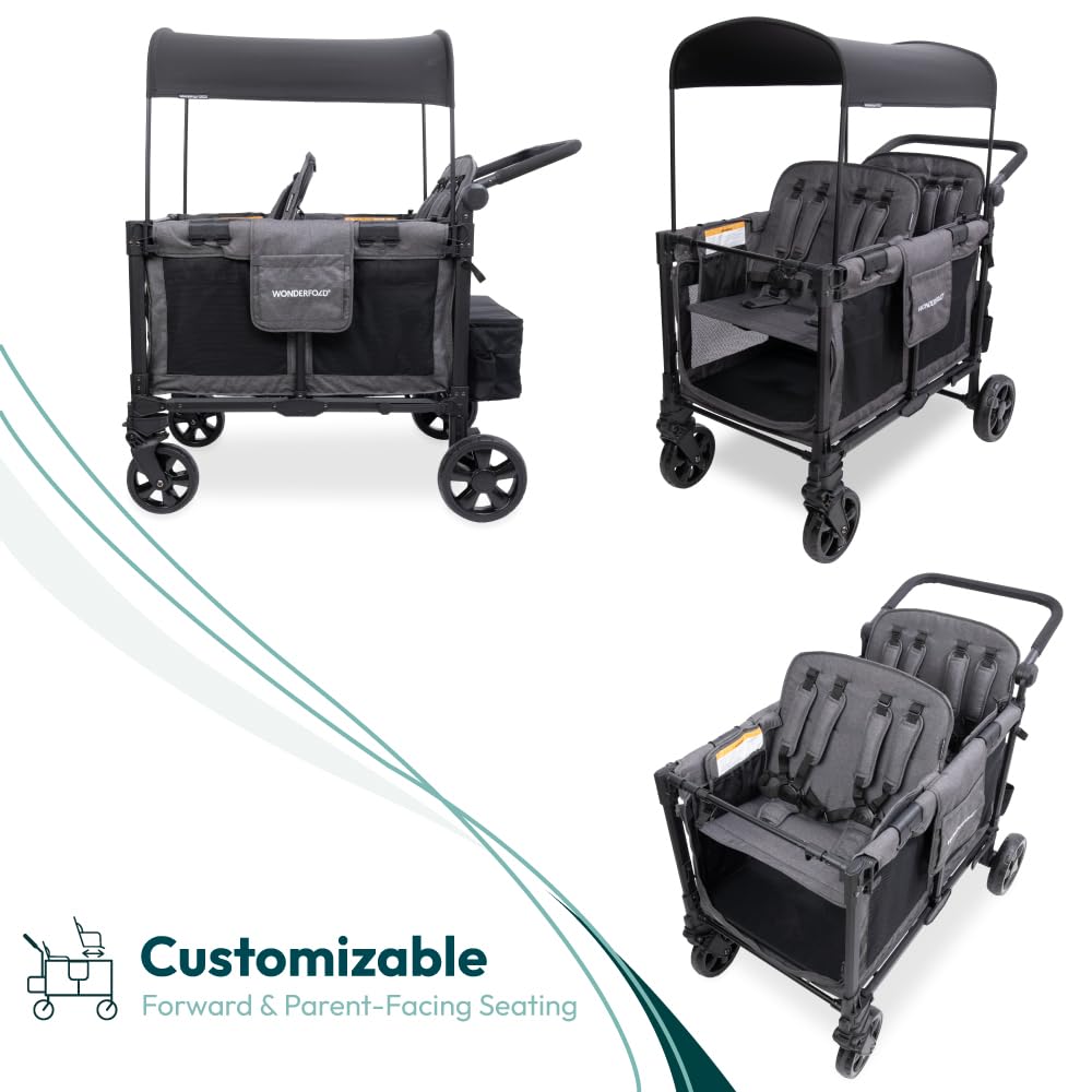 WonderFold W4 Elite Pro – Cochecito Wagon para 4 Plazas, Marco de Aluminio, Toldo UV y Arnés de 5 Puntos