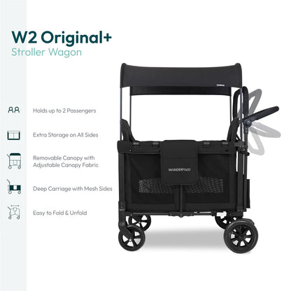 WONDERFOLD W2 – Coche Vagón Multifuncional para 2 Pasajeros, Plegable, con Toldo y Arnés de 5 Puntos