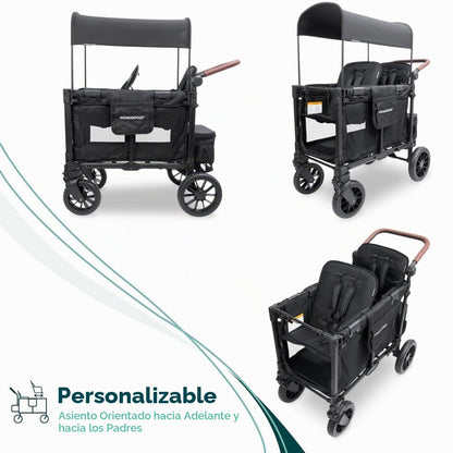 WONDERFOLD W2 Luxe Pro – Cochecito Vagón para 2 Asientos, Plegable, Toldo UV y Arnés de 5 Puntos