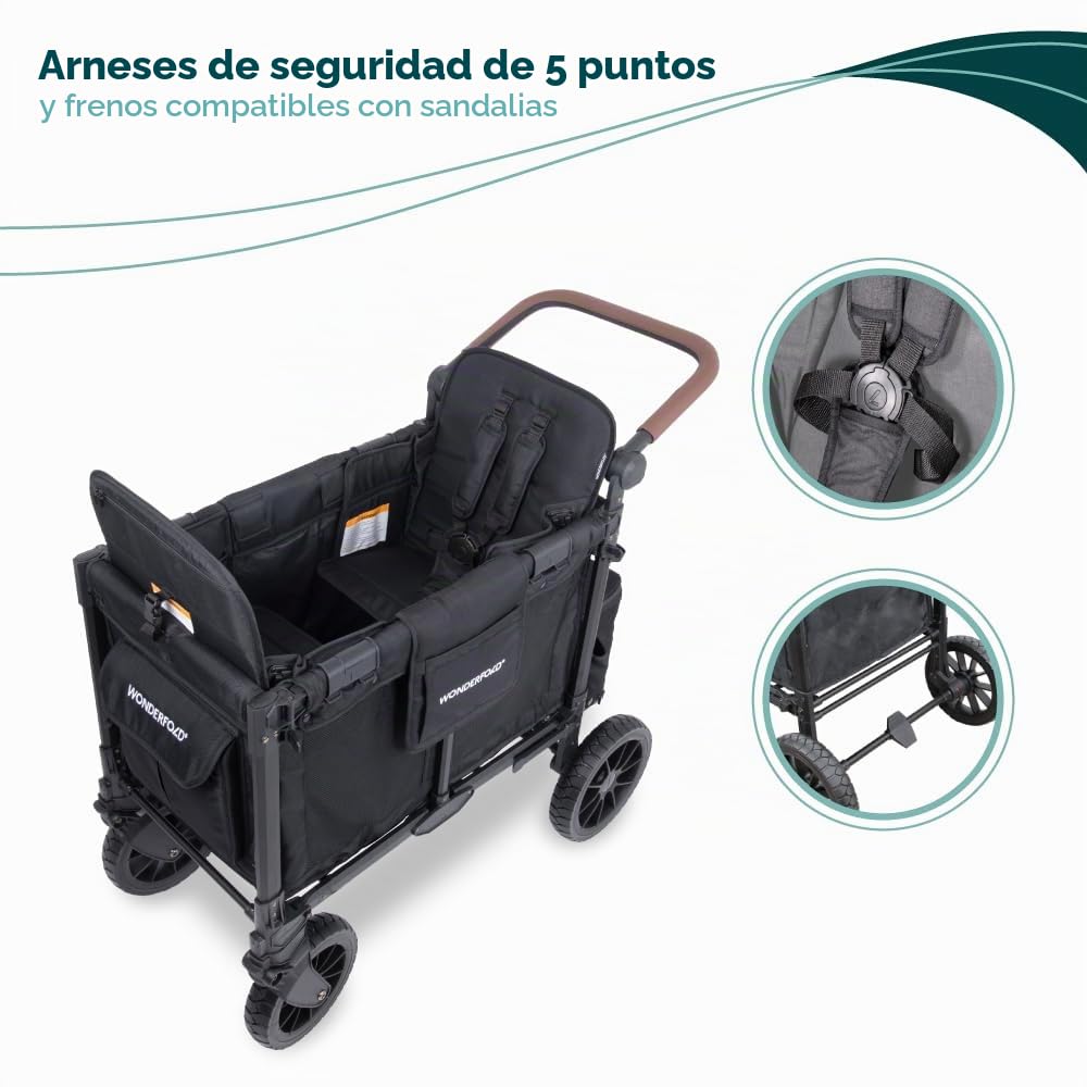 WONDERFOLD W2 Luxe Pro – Cochecito Vagón para 2 Asientos, Plegable, Toldo UV y Arnés de 5 Puntos