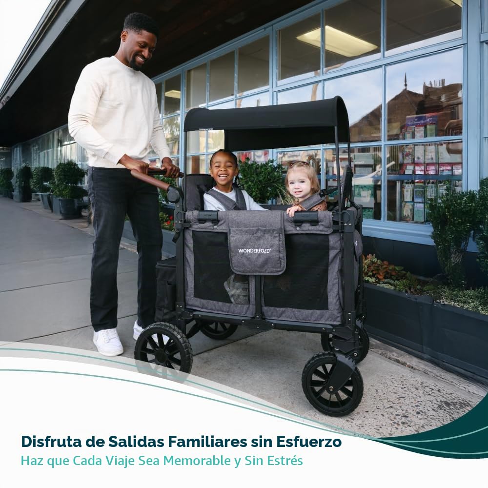 WONDERFOLD W2 Luxe Pro – Cochecito Vagón para 2 Asientos, Plegable, Toldo UV y Arnés de 5 Puntos