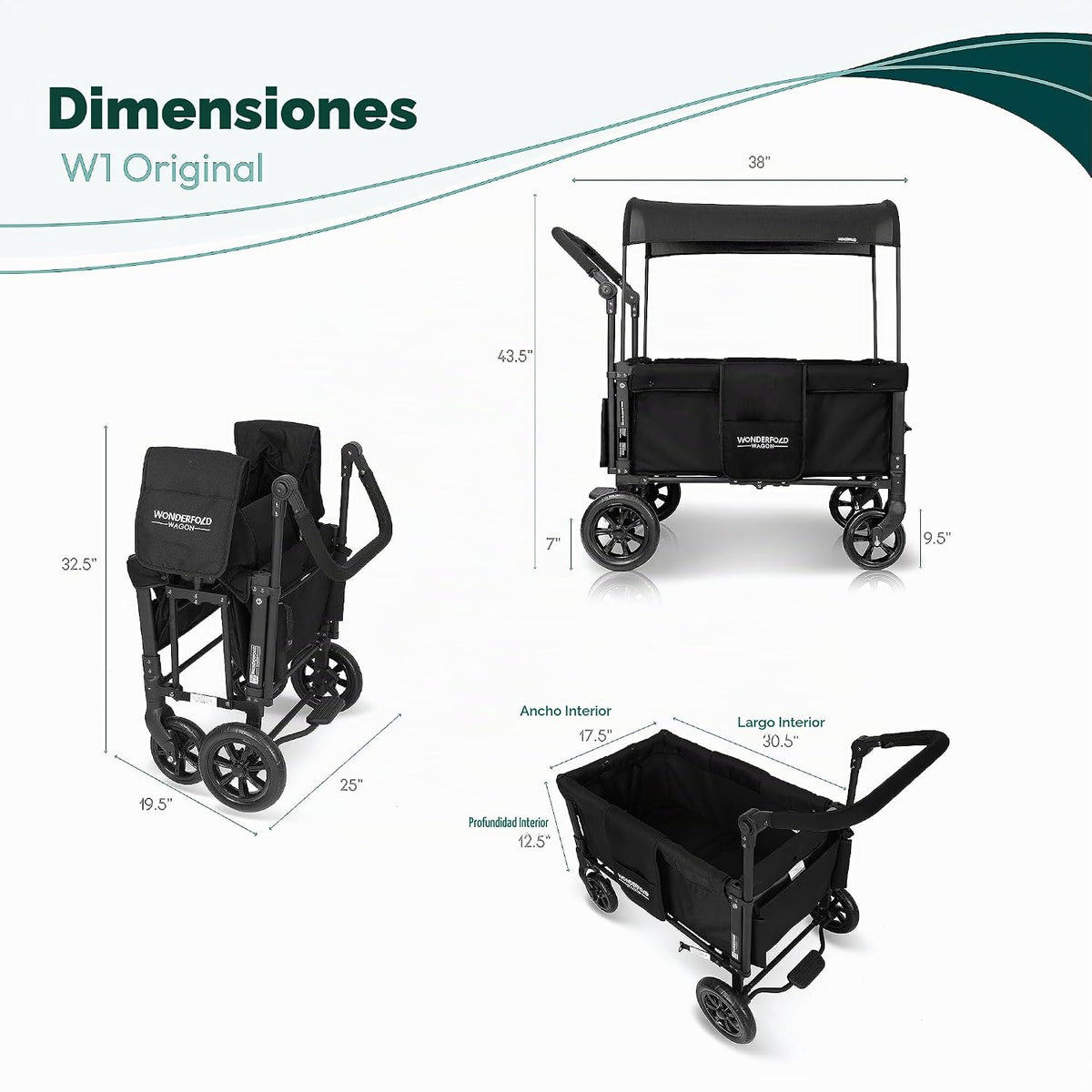 WONDERFOLD W1 Original – Cochecito Vagón para 2 Plazas, Toldo UV, Arnés de 5 Puntos y Ruedas Todoterreno