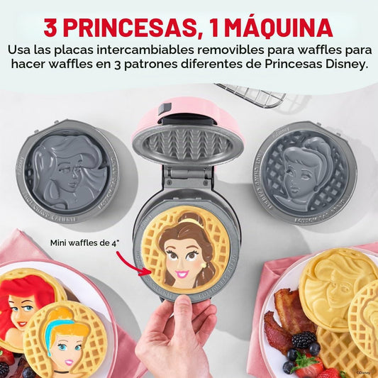 Mini Waflera con Figuras de Ariel, Bella y Cenicienta | Mini Wafles de 4" - Disney Dash Princess