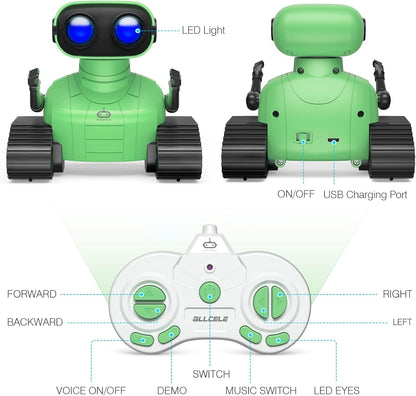 Juguete robot, robot RC recargable para niños y niñas, juguete de control remoto con música y ojos LED - ALLCELE