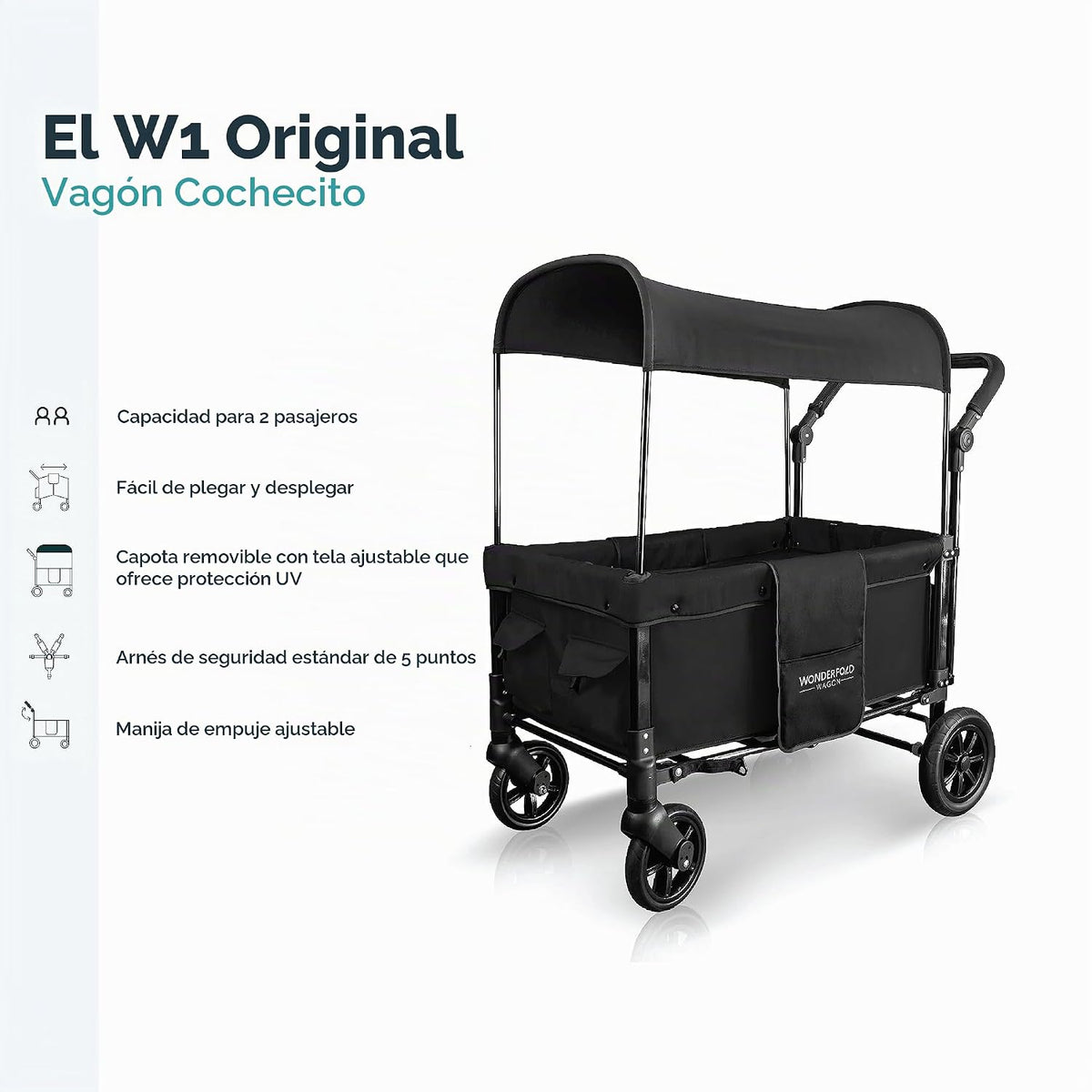 WONDERFOLD W1 Original – Cochecito Vagón para 2 Plazas, Toldo UV, Arnés de 5 Puntos y Ruedas Todoterreno