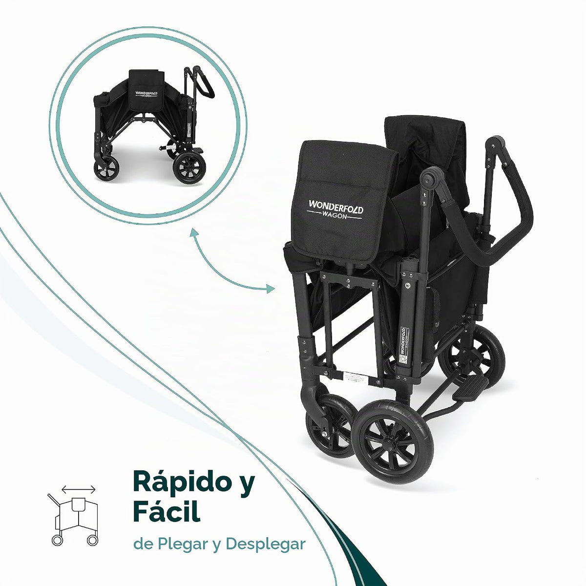 WONDERFOLD W1 Original – Cochecito Vagón para 2 Plazas, Toldo UV, Arnés de 5 Puntos y Ruedas Todoterreno