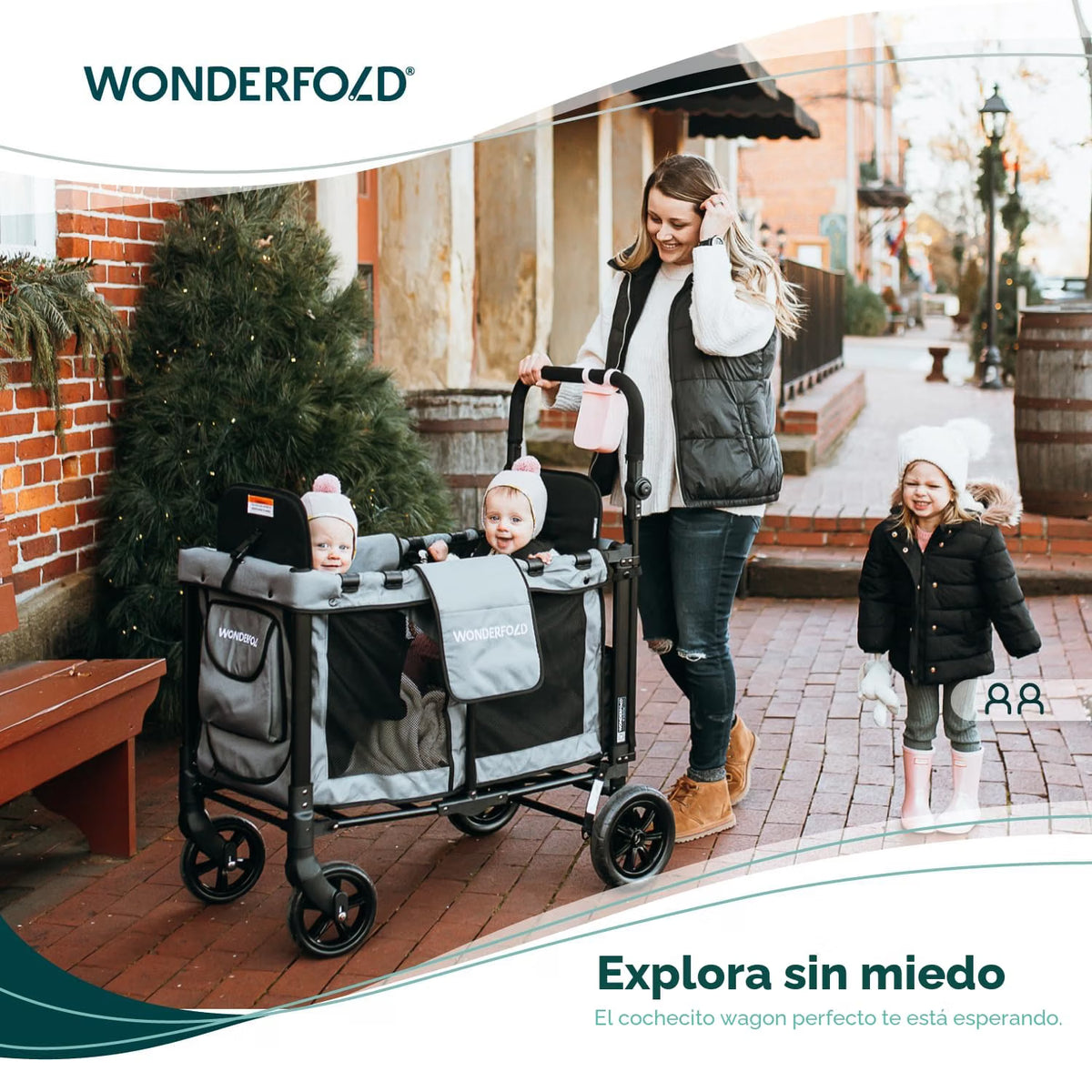 WONDERFOLD W2 – Coche Vagón Multifuncional para 2 Pasajeros, Plegable, con Toldo y Arnés de 5 Puntos