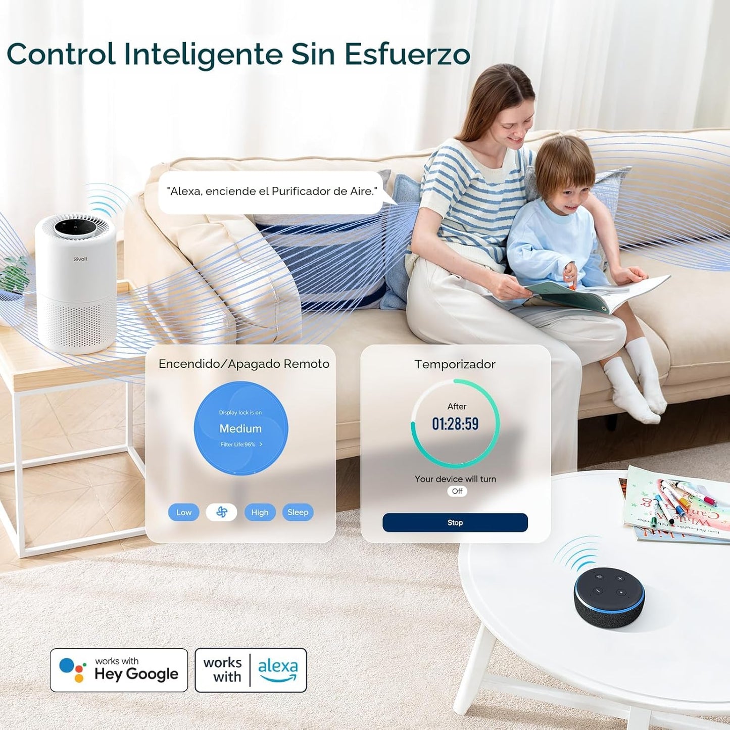 LEVOIT Core 200S-P – Purificador de aire inteligente con filtro HEPA 3 en 1 para dormitorio