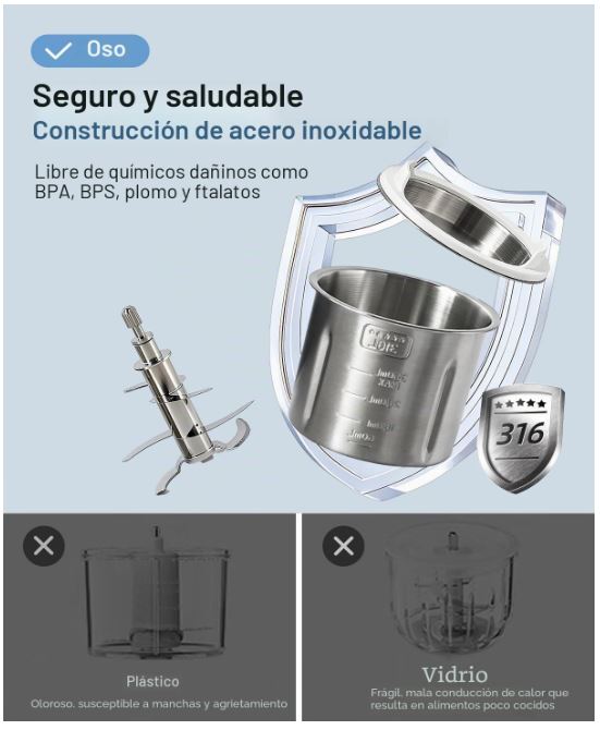 Bear Máquina de Alimentos para Bebés de Acero Inoxidable, Textura NutriEase de 3 Etapas, Autolimpieza y Apta para Lavavajillas