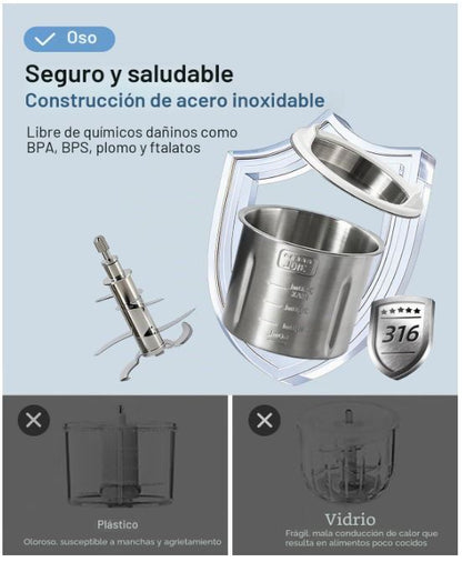 Bear Máquina de Alimentos para Bebés de Acero Inoxidable, Textura NutriEase de 3 Etapas, Autolimpieza y Apta para Lavavajillas