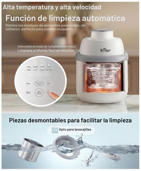 Bear Máquina de Alimentos para Bebés de Acero Inoxidable, Textura NutriEase de 3 Etapas, Autolimpieza y Apta para Lavavajillas
