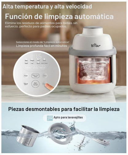 Bear Máquina de Alimentos para Bebés de Acero Inoxidable, Textura NutriEase de 3 Etapas, Autolimpieza y Apta para Lavavajillas